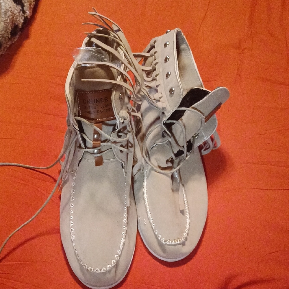 Beige Fringe Moccasin Boots